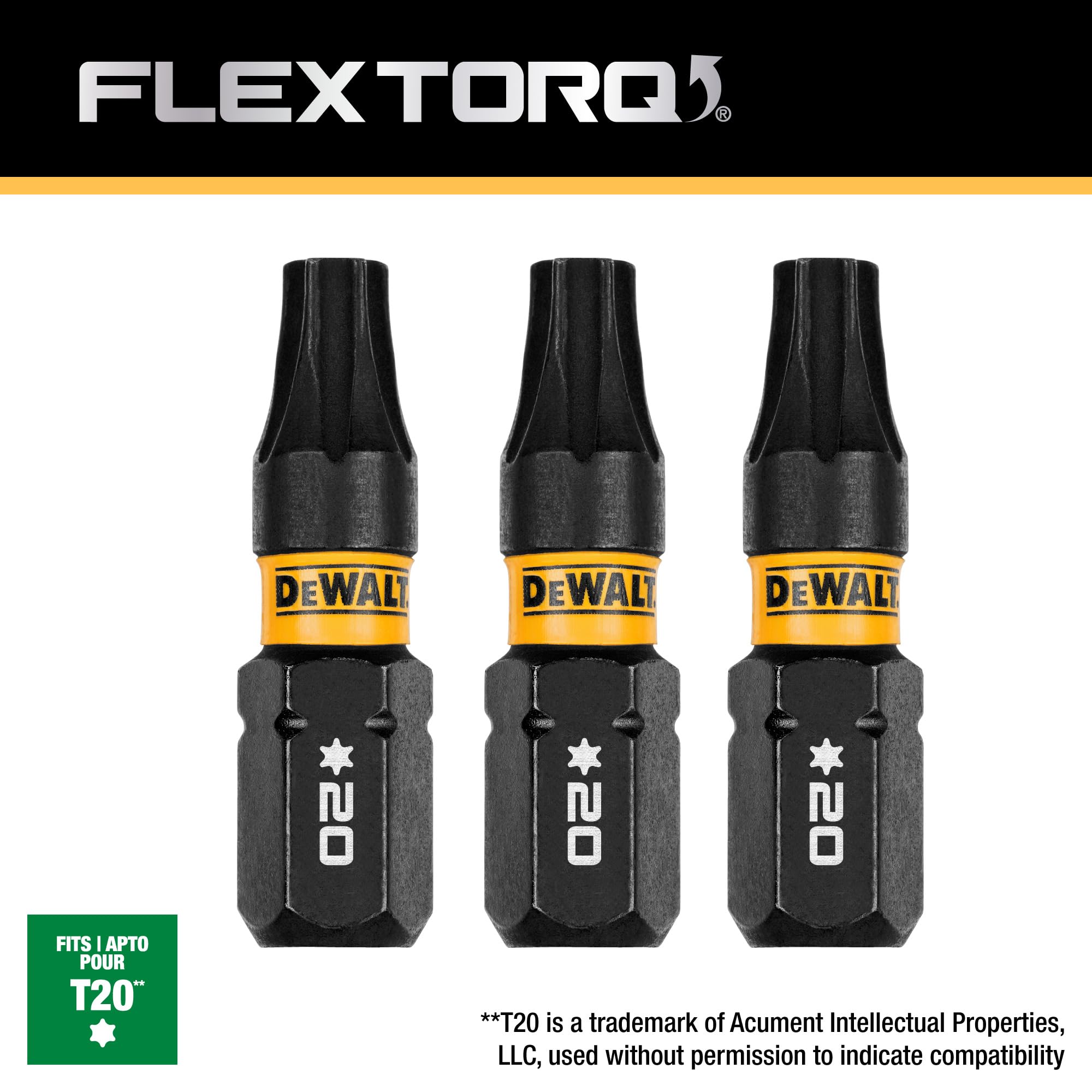Three Dewalt FlexTorq drill bits on a white background with Dewalt branding.