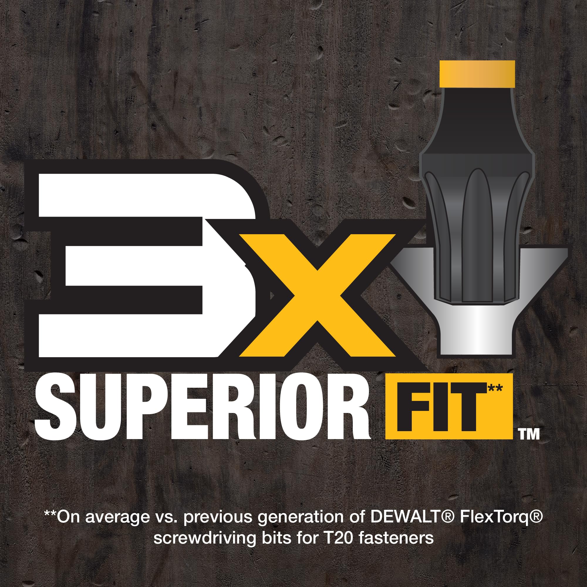 DEWALT FlexTorq screwdriving bit with '3x Superior Fit' text on a dark background