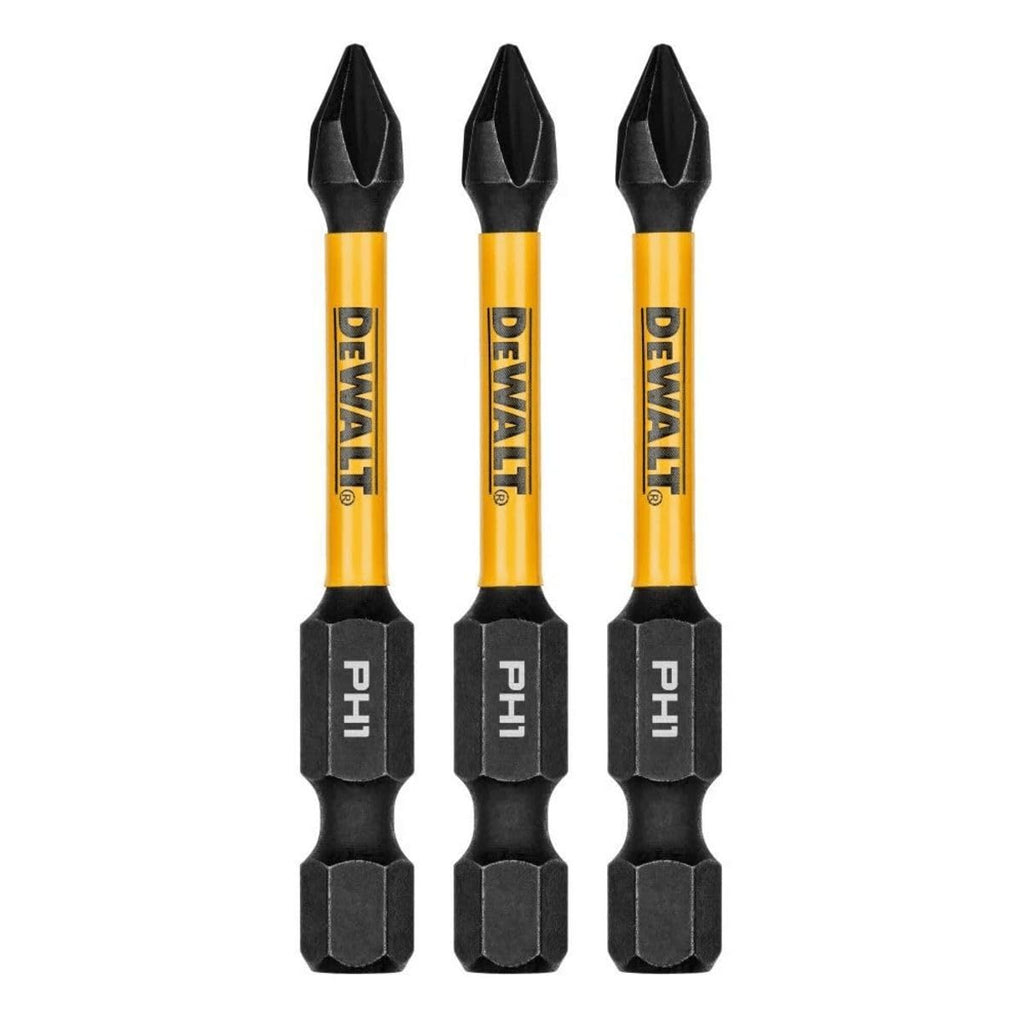 Three DEWALT Phillips drill bits on a white background