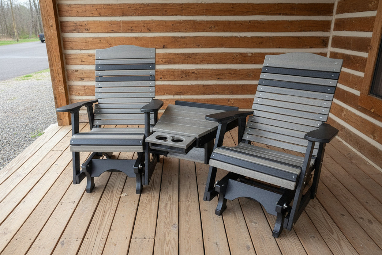 Comfy Gliding Settee with cup holders on a log home porch