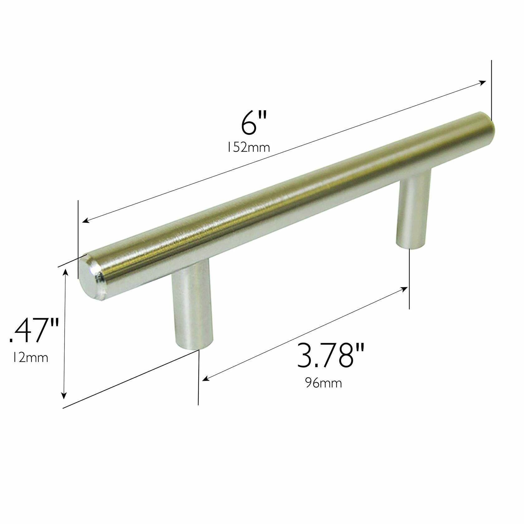 Measurement chart of a metallic handle with dimensions labeled