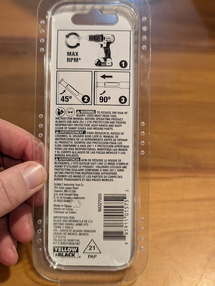 back of packaging of a Dewalt Diamond Drill Bit 5/8" DW5580
