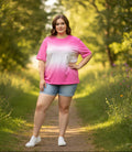Pink & White top on a lady with a spring outdoor setting