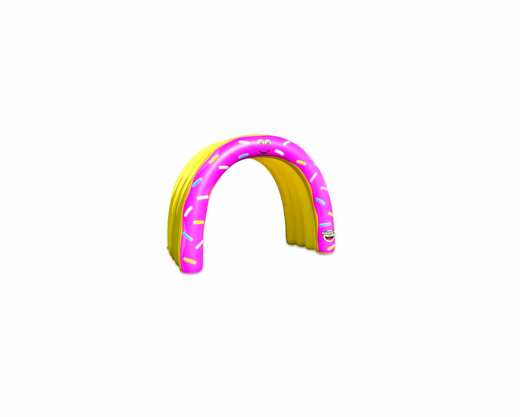 Inflatable arch with pink and yellow design on a white background