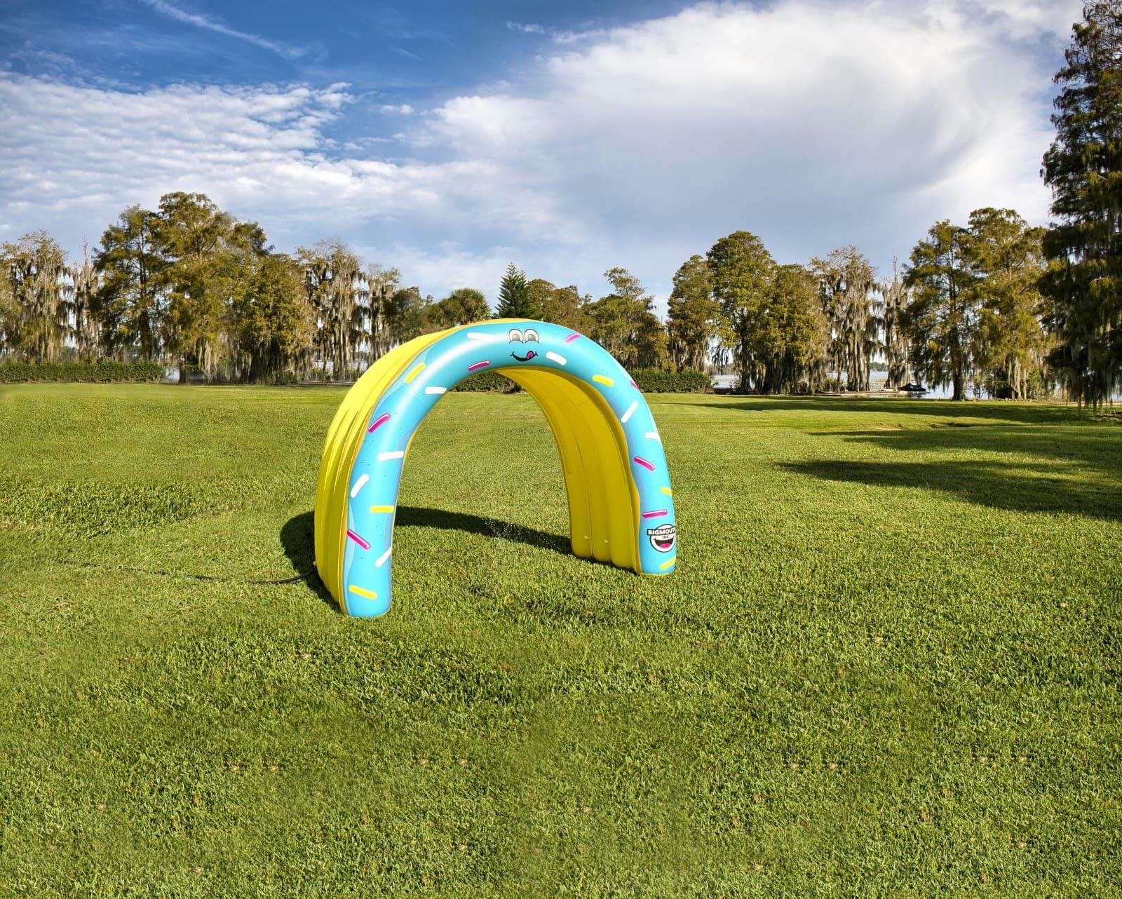 Colorful inflatable arch on a grassy field with trees in the background