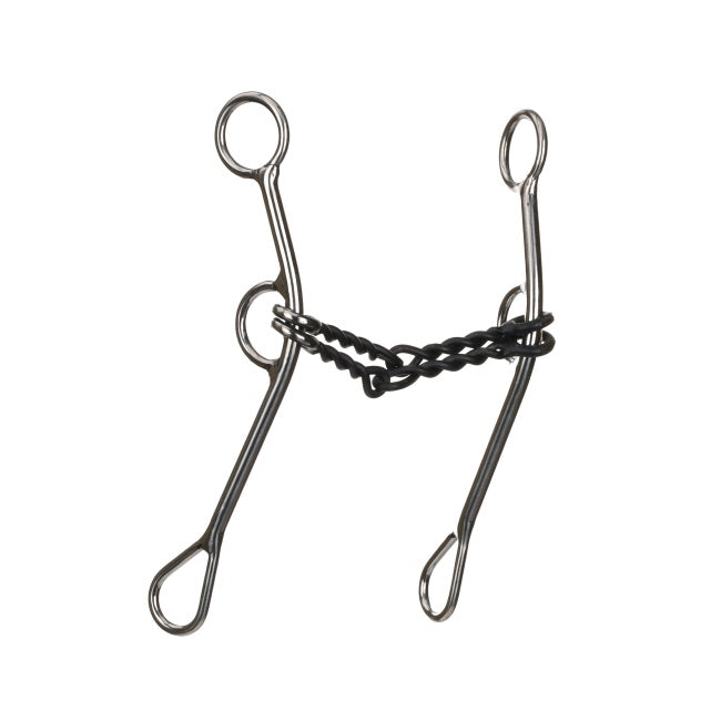 Metal bridle bit with black rope on a white background