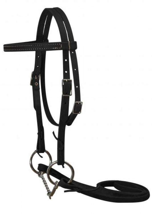 Double Stitched Black Pony Bridle with a twisted wire bit and a white background