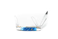 Pocket knife with blue and silver design on a white background