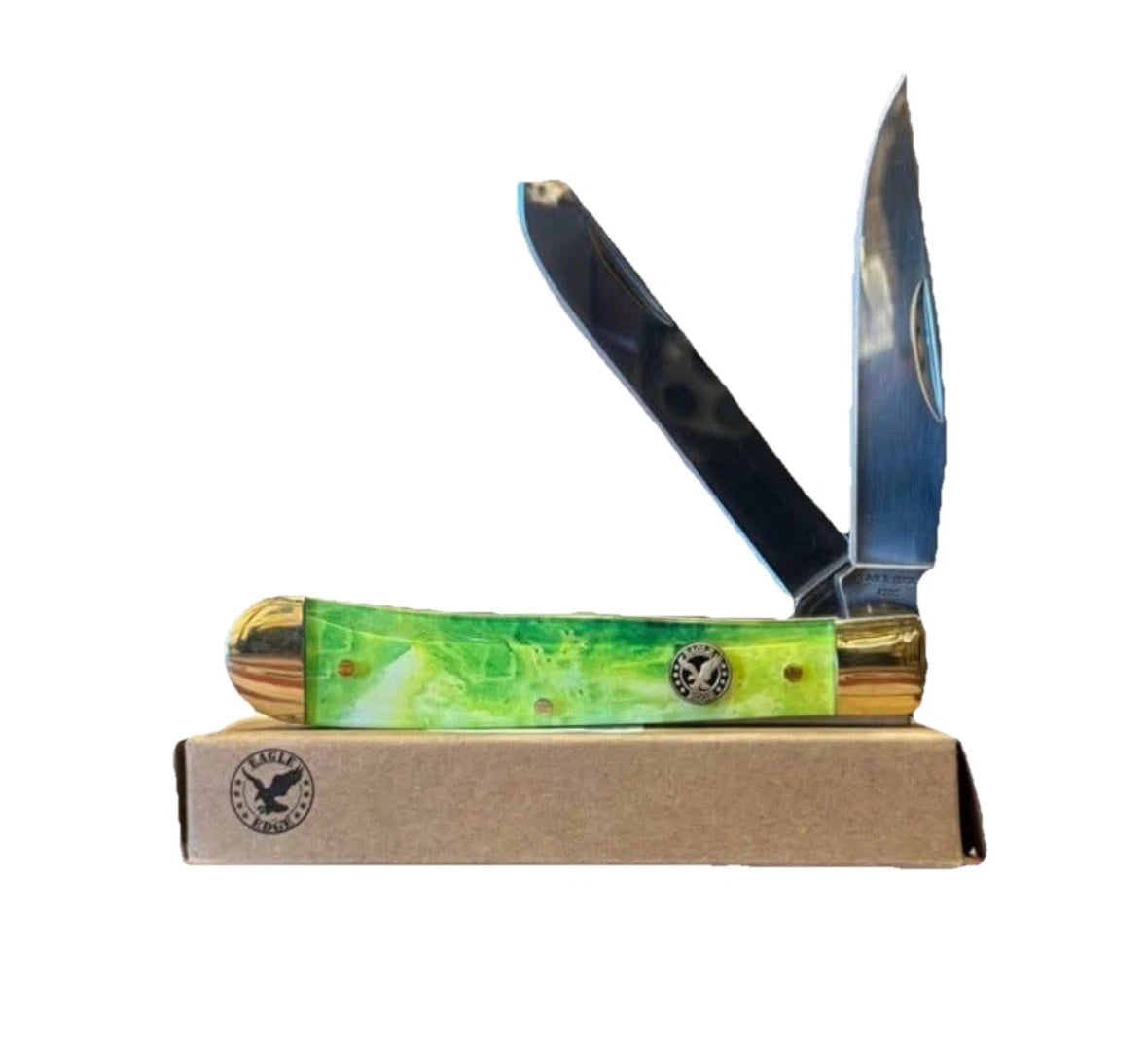 Foldable knife with green handle and metal blade on a white background