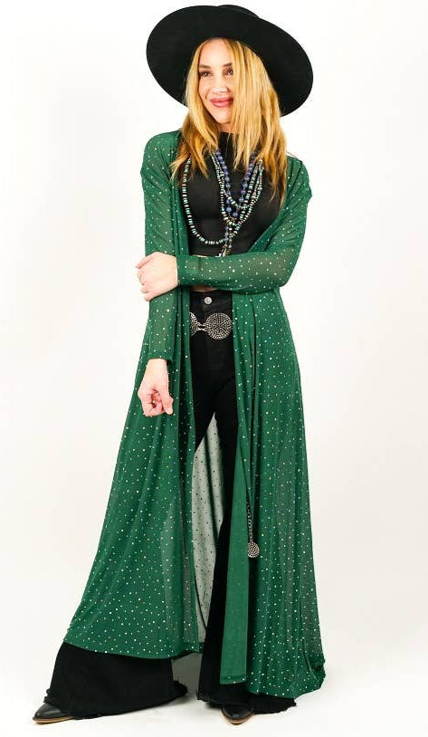 Emerald Rhinestone Mesh Hi Low Kimono