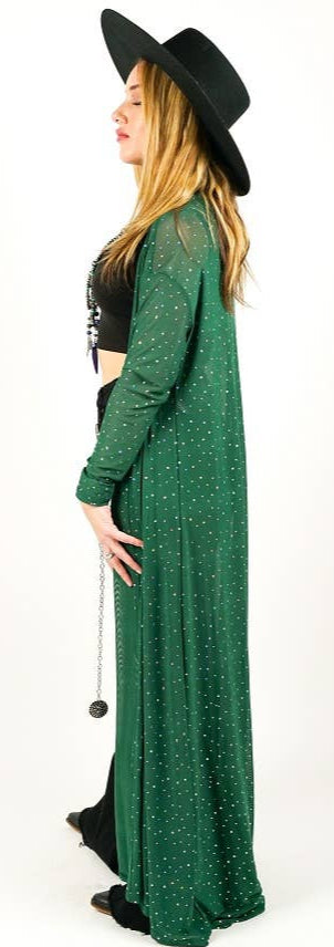 Emerald Rhinestone Mesh Hi Low Kimono