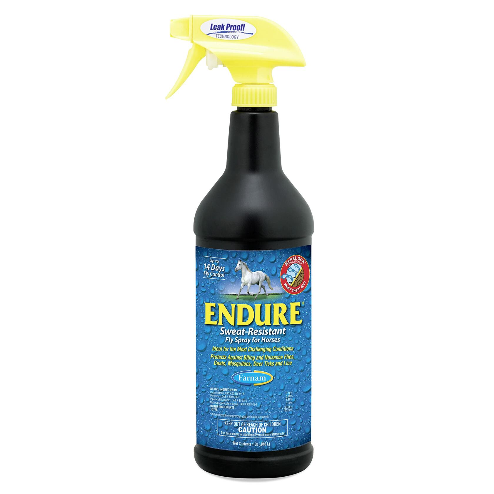Farnam Endure Sweat-Resistant Fly Spray 32 oz bottle with blue and yellow labeling, designed for horse pest control.