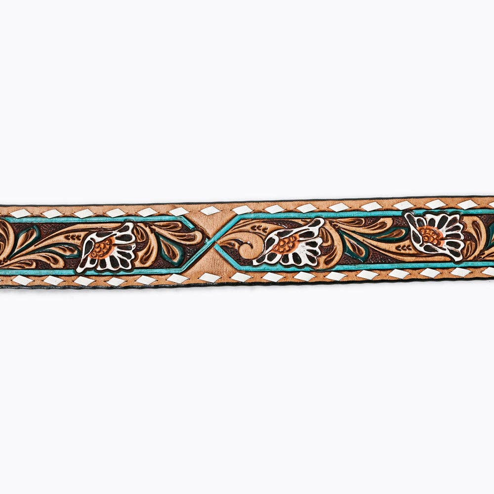 Decorative leather belt with floral patterns on a white background
