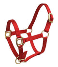 Red mini/foal horse halter with brass hardware on a white background