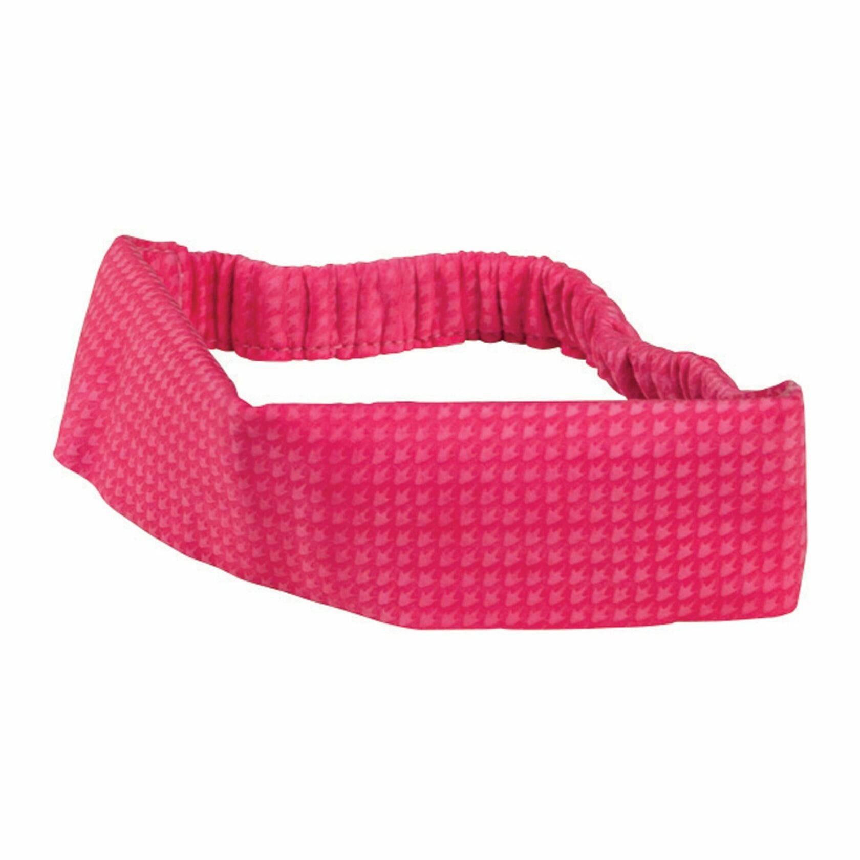 A vibrant pink Frogg Toggs Chilly Band cooling headband with a distinct waffle-weave mesh pattern and a stretchable elastic back, shown floating against a solid white background.