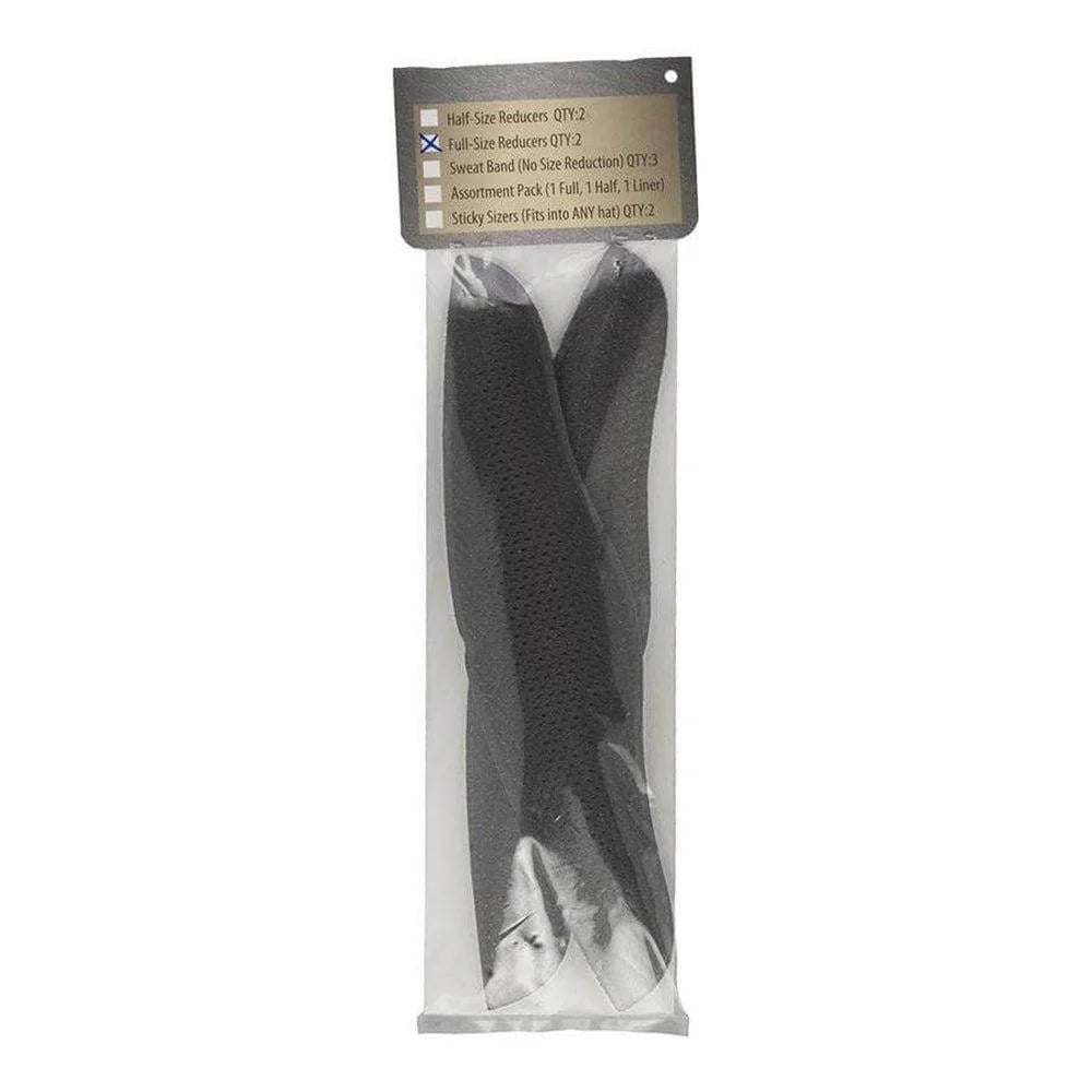 Two black full size reducer hat liners attached with velcro, packaged in a clear plastic bag.