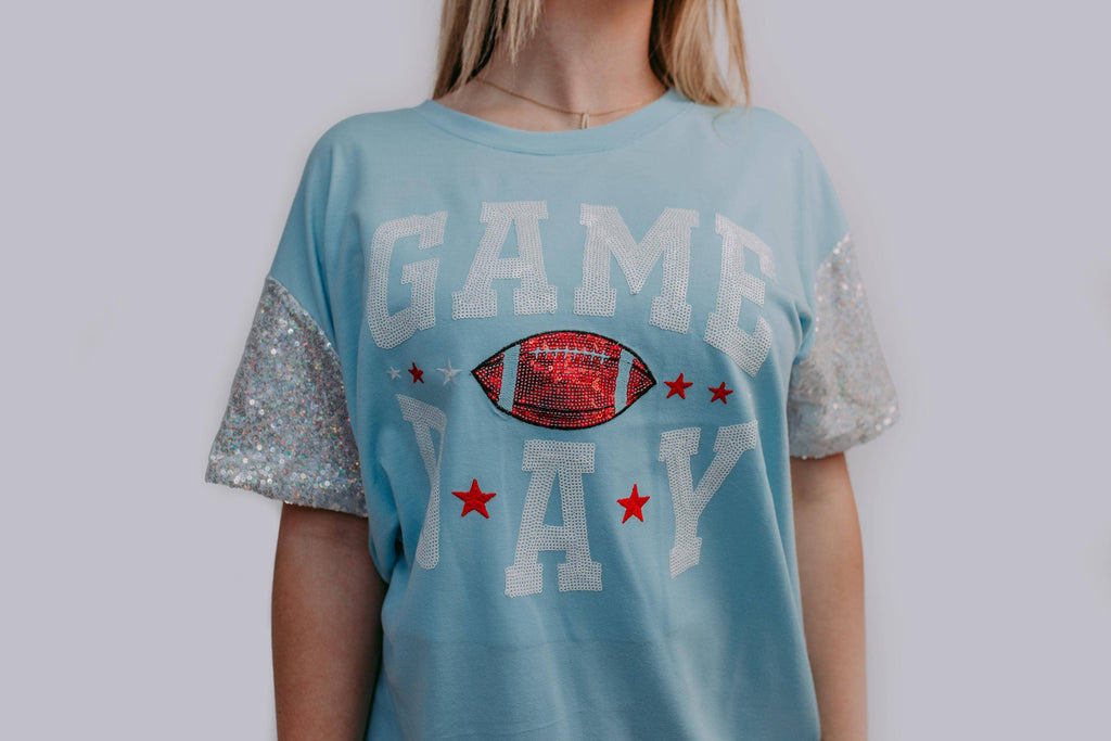 Icy Blue Game Day Tee with Sequin Sleeves – Women’s Sparkly Football Shirt