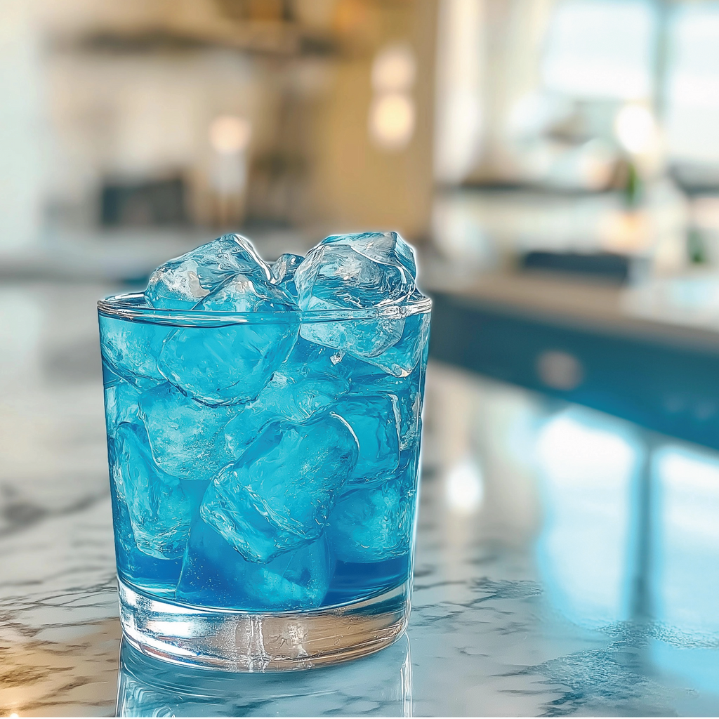 Blue cocktail with ice in a glass using Genie