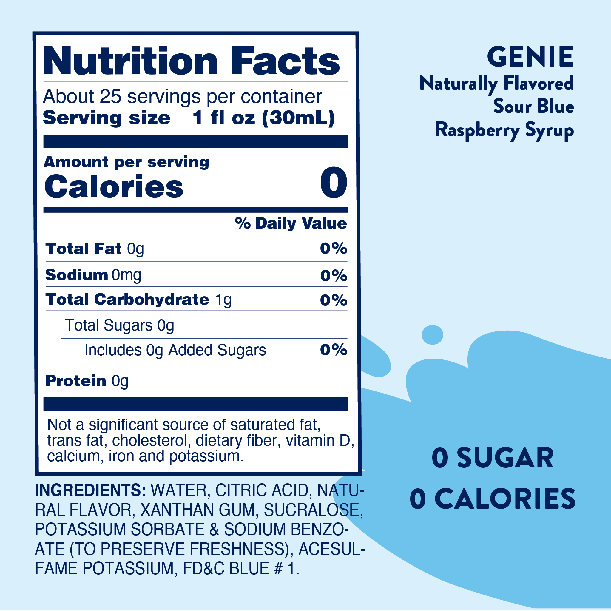 Nutrition facts label for Genie Sour Blue Raspberry syrup 