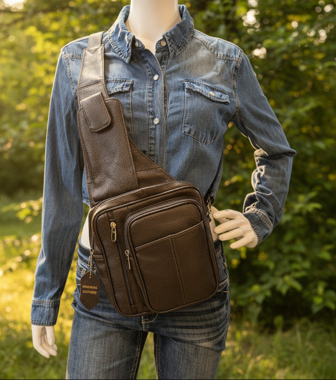 Mannequin wearing a denim shirt with a brown leather bag with trees in the back