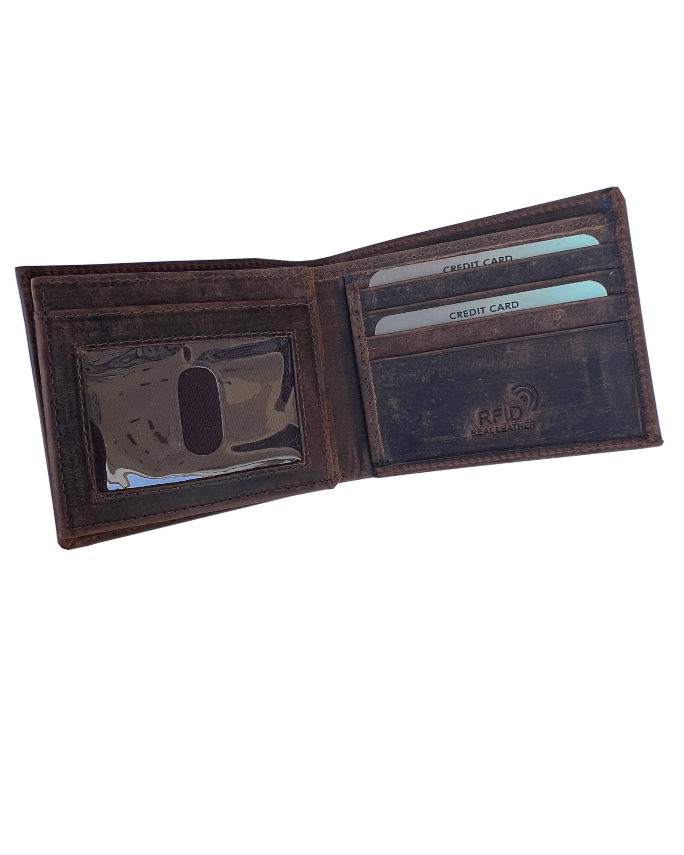 Brown leather wallet open with rfid protection and a white background