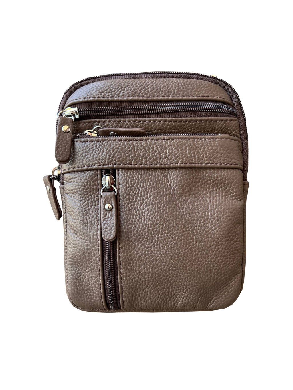 Brown leather crossbody bag with multiple zippers on a white background