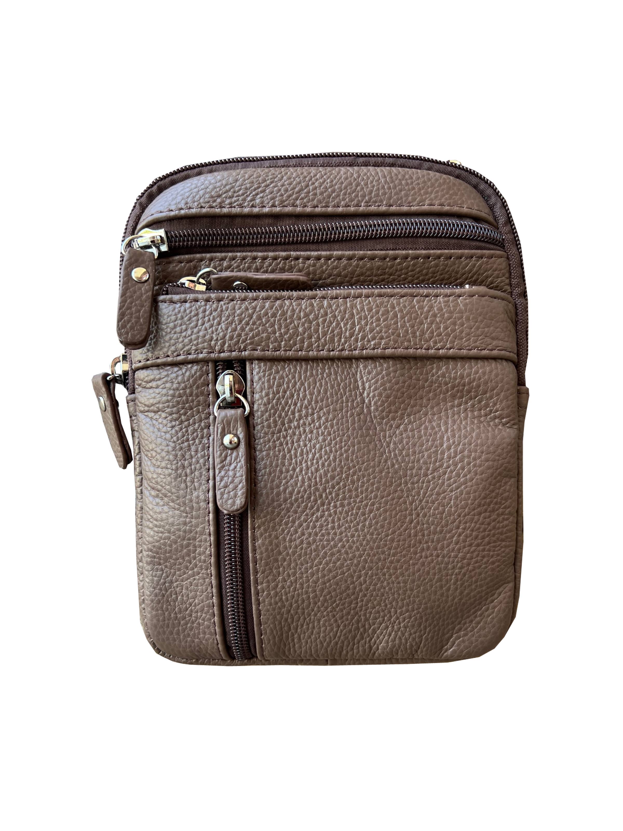 Brown leather crossbody bag with multiple zippers on a white background