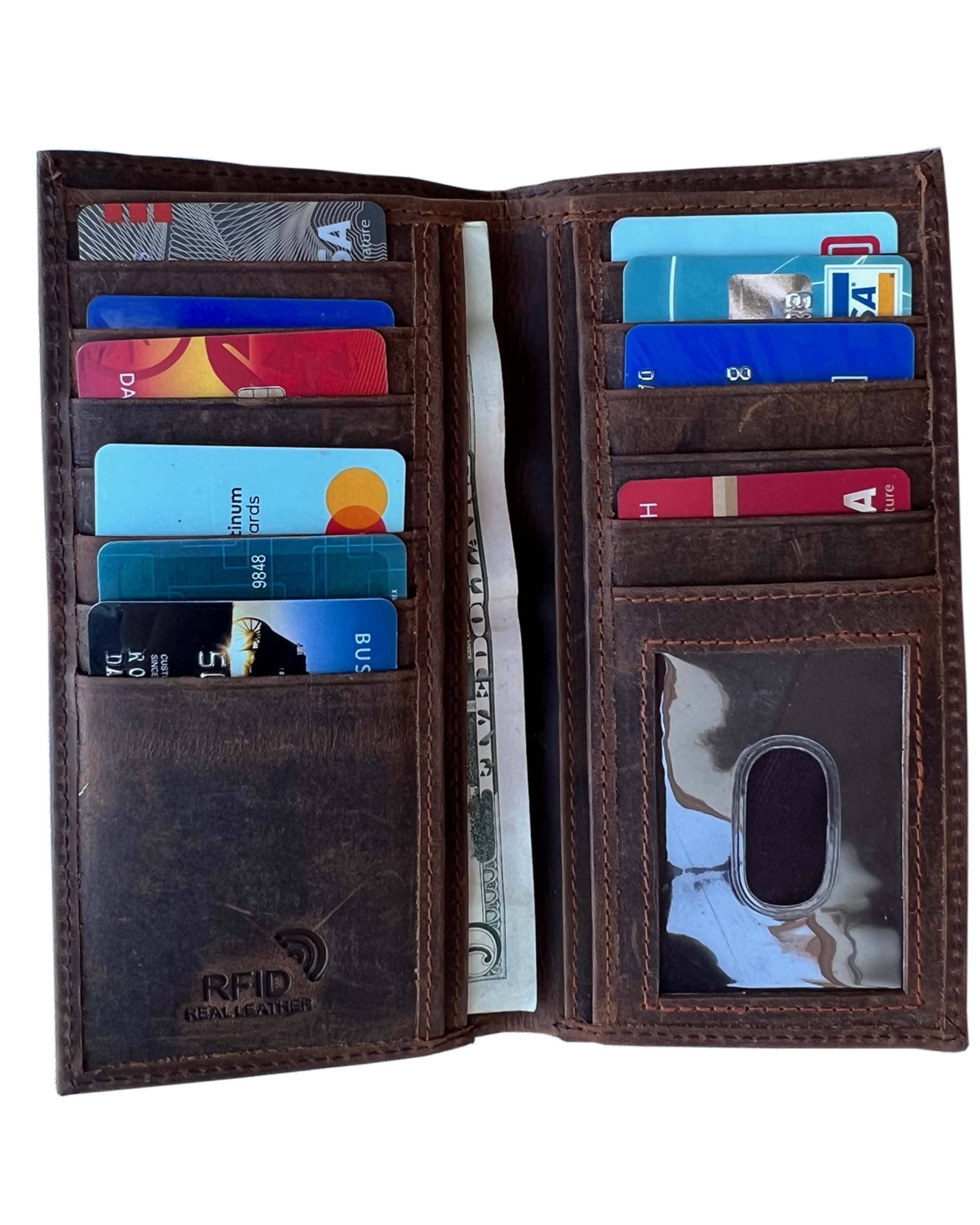 Open brown leather wallet with cards and money on a white background