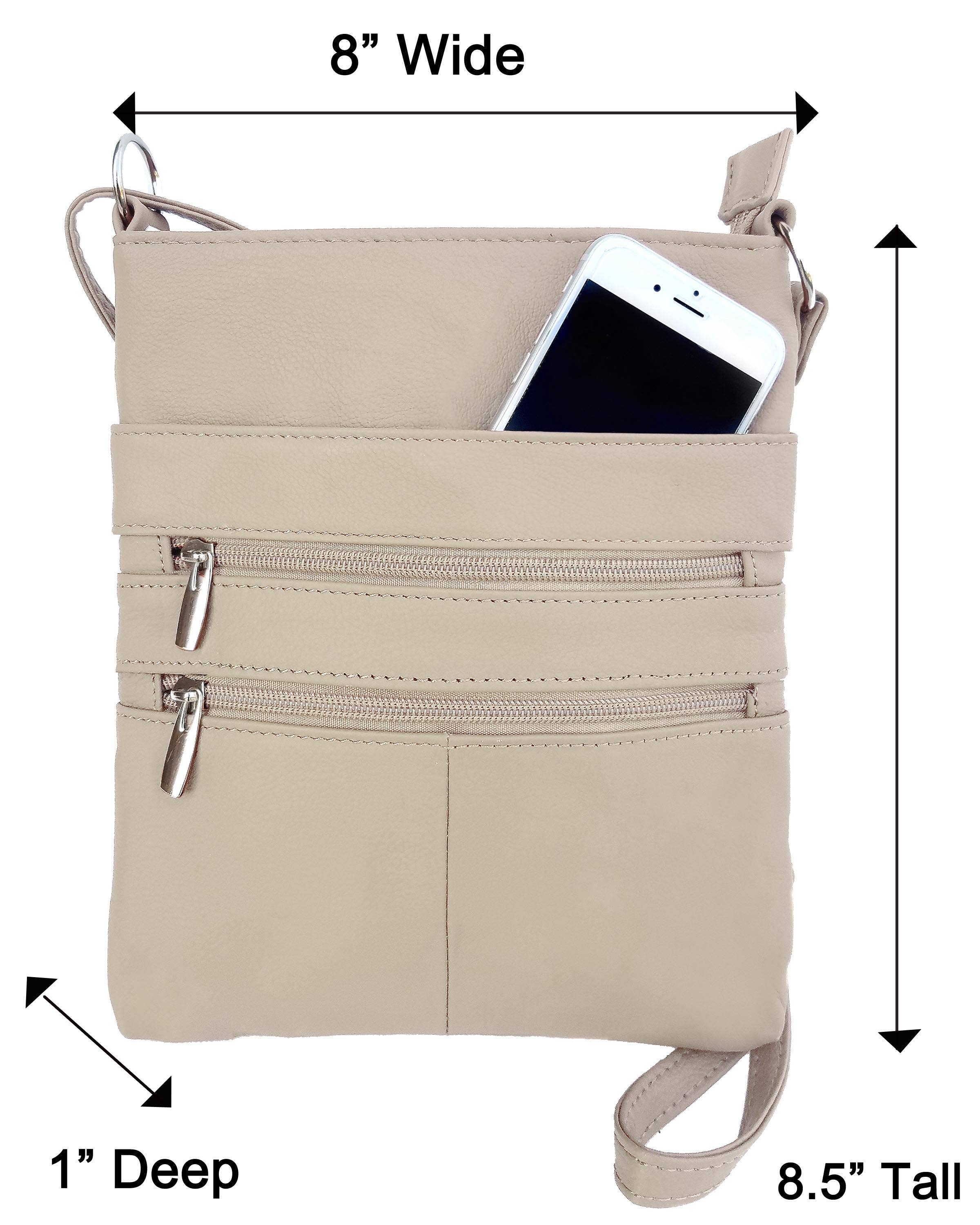Beige crossbody bag with dimensions labeled on a white background