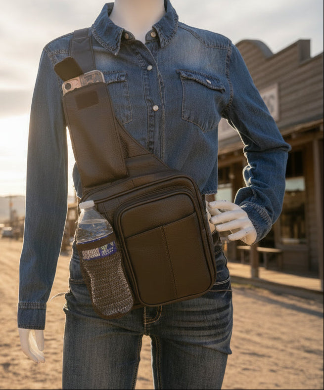 Western leather crossbody bag with phone pocket
