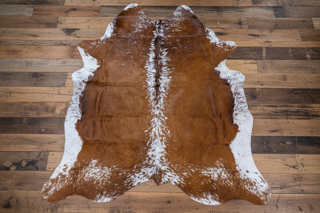 Real Red and white cowhide rug on a rustic wood floor