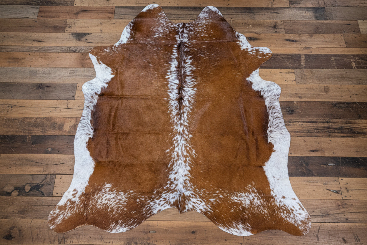 Real Red and white cowhide rug on a rustic wood floor