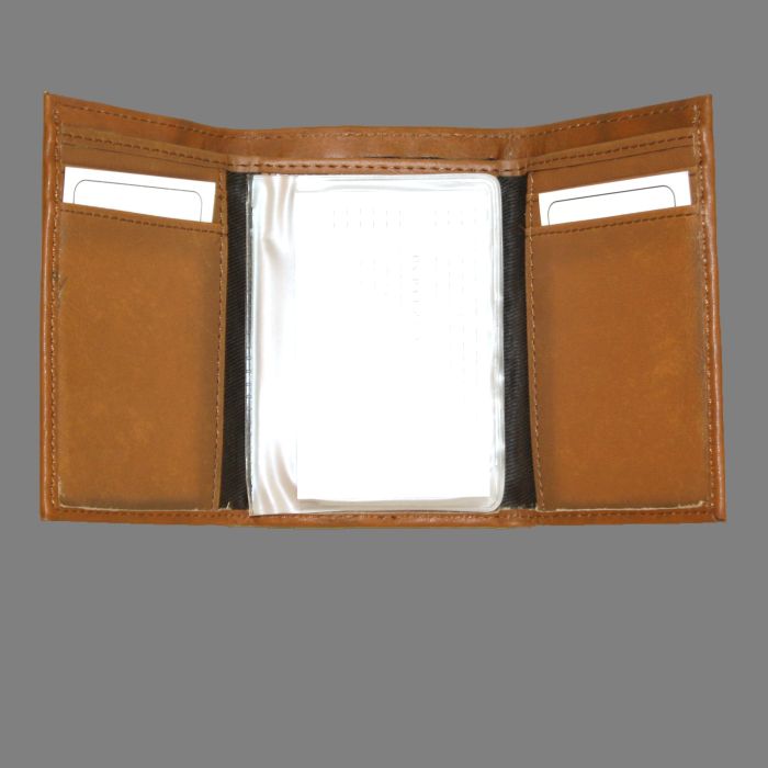 Brown leather wallet with card slots on a gray background