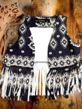 Girls black suede vest with Aztec pattern and short fringe detailing, combining Western flair with modern style.