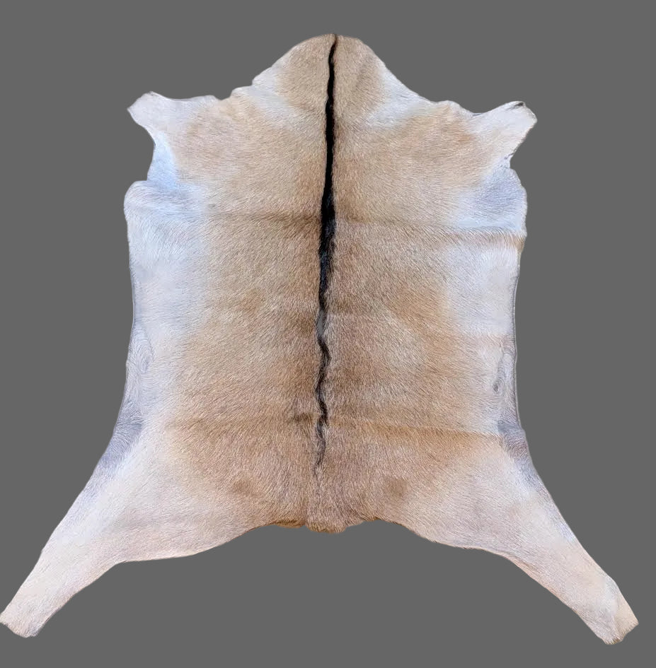 Beige and brown goat hide rug with a gray back ground.