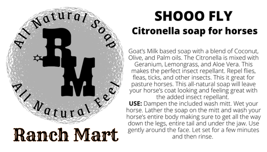 Advertisement for Ranch Mart All Natural Soap with product details and usage instructions.