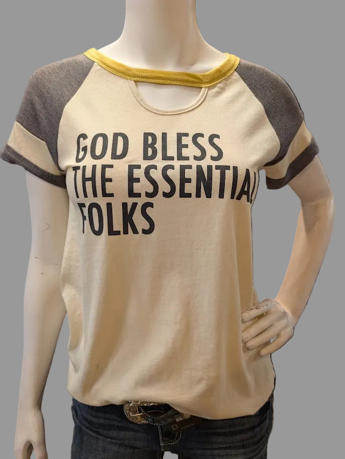 Mannequin wearing a t-shirt with 'God Bless The Essential Folks' text with a gray background.