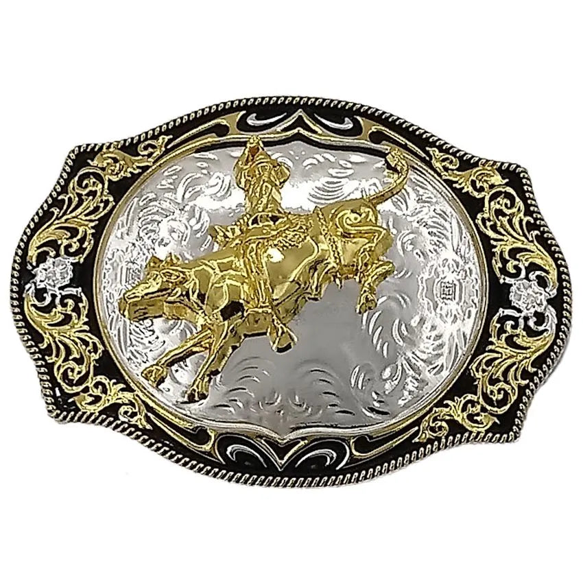 A belt buckle with a design of a golden bull rider on a silver background with black ornamental frame.