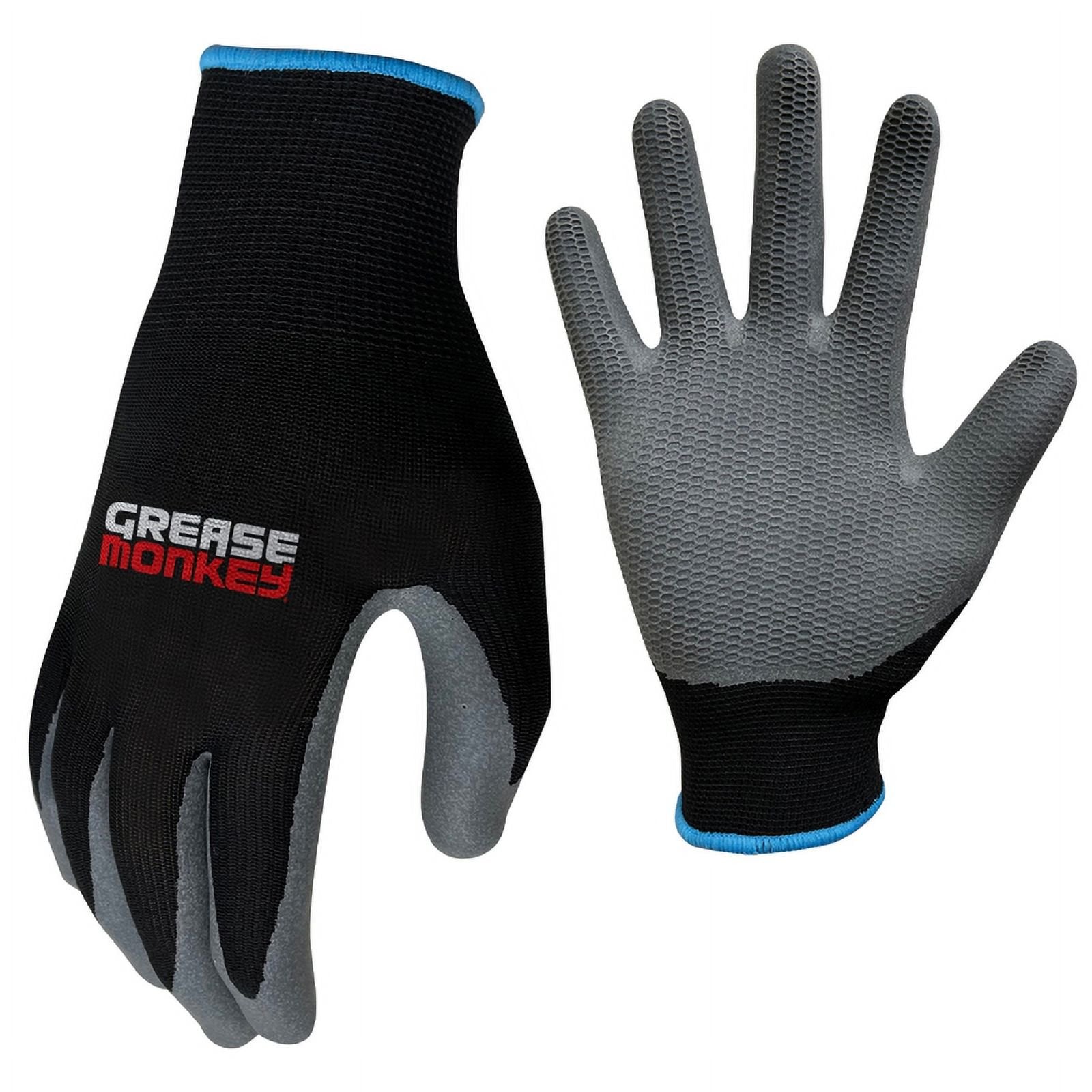 Pair of black and gray work gloves with 'Grease Monkey' branding on a white background