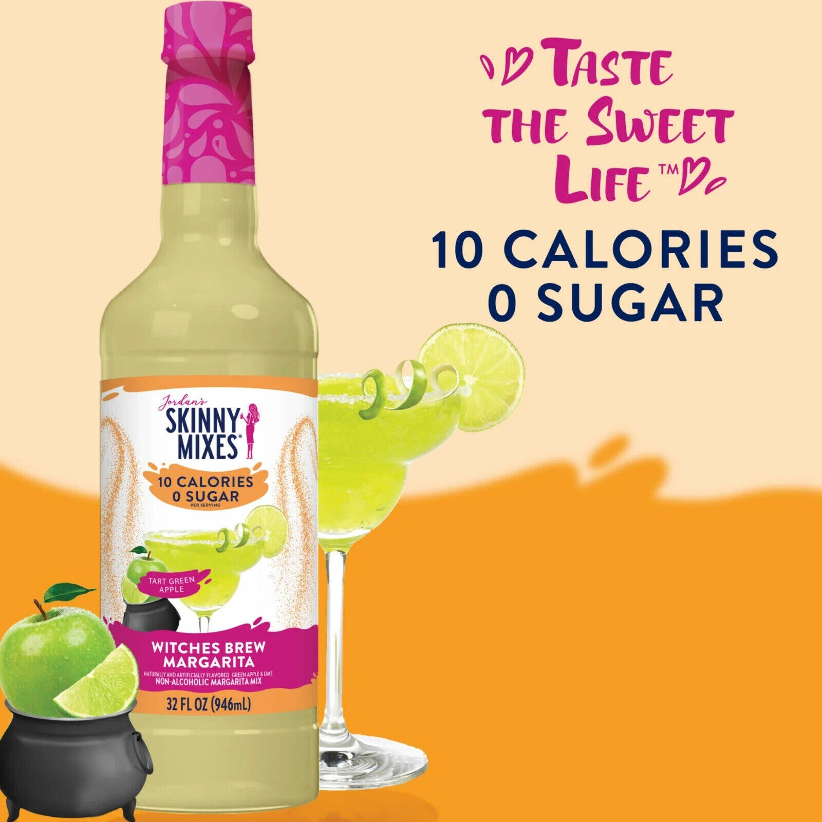 Bottle of Skinny Mixes Witches Brew Margarita with promotional text on a colorful background