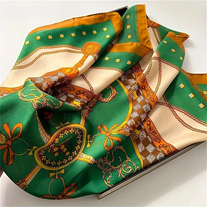 Green and gold patterned scarf on a white background