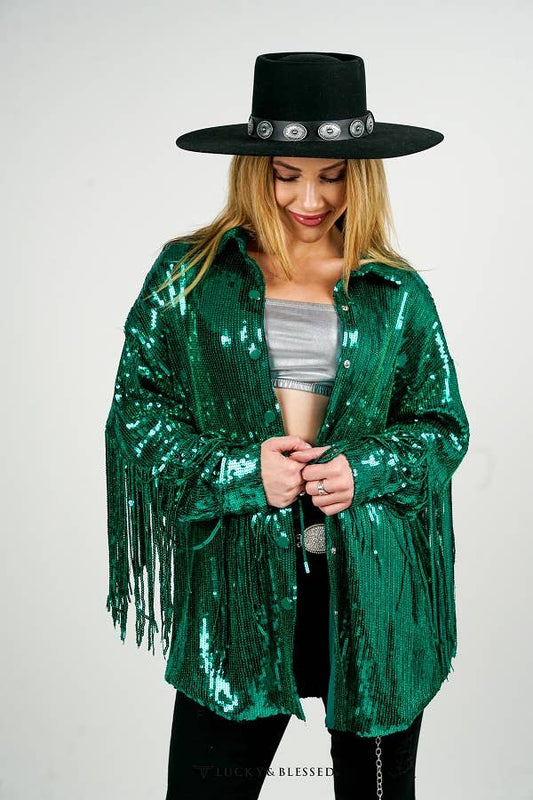 Green Sequins Shacket W All around Fringe