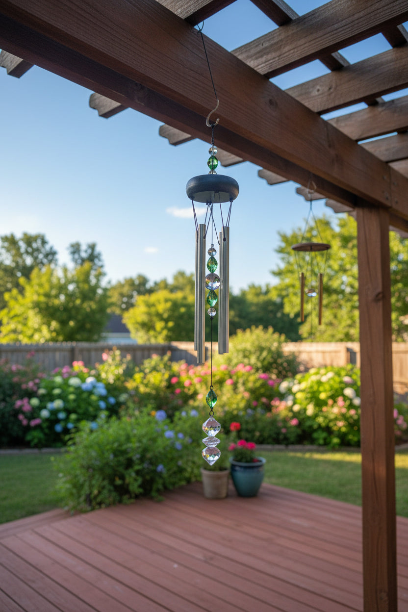 Chimes hanging from a tree with a wooden fence and blue sky in the background