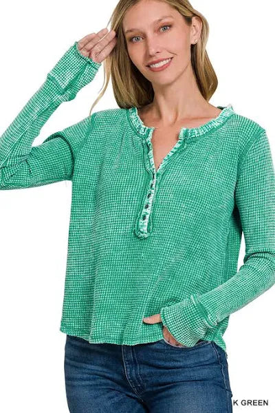 Zenana Mineral Washed Thermal Boxy Henley – Long Sleeve Cotton Top
