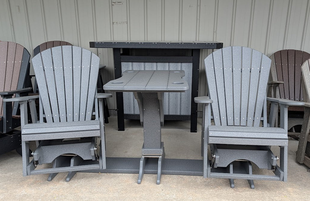 Outdoor furniture set with gray chairs and a table on a concrete surface.