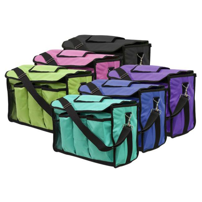 Showman grooming carrier tote bag with sturdy shoulder straps and multiple pockets for horse grooming supplies.