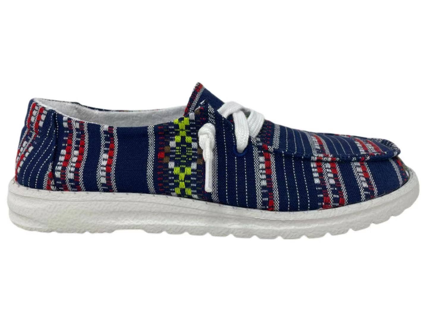 Gypsy Jazz Tiana women’s navy striped slip-on shoes with soft canvas upper and lightweight rubber sole.