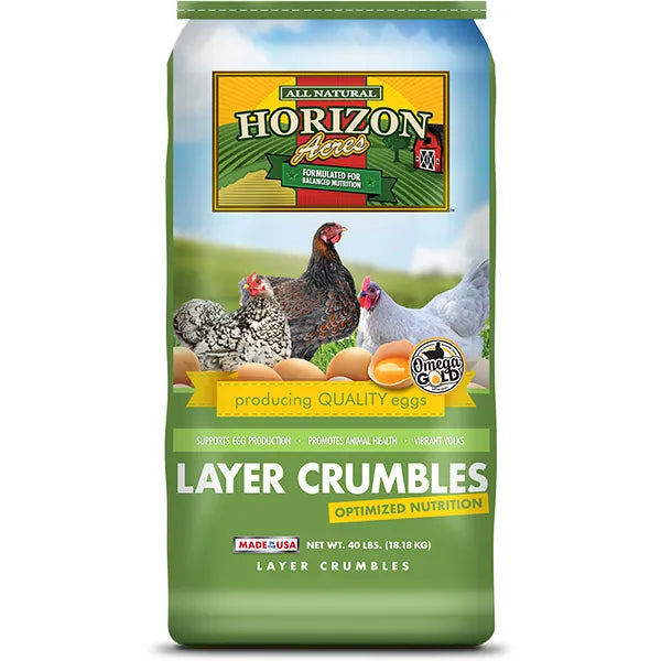 Bag of Horizon Acres Layer Crumbles with chickens and eggs.