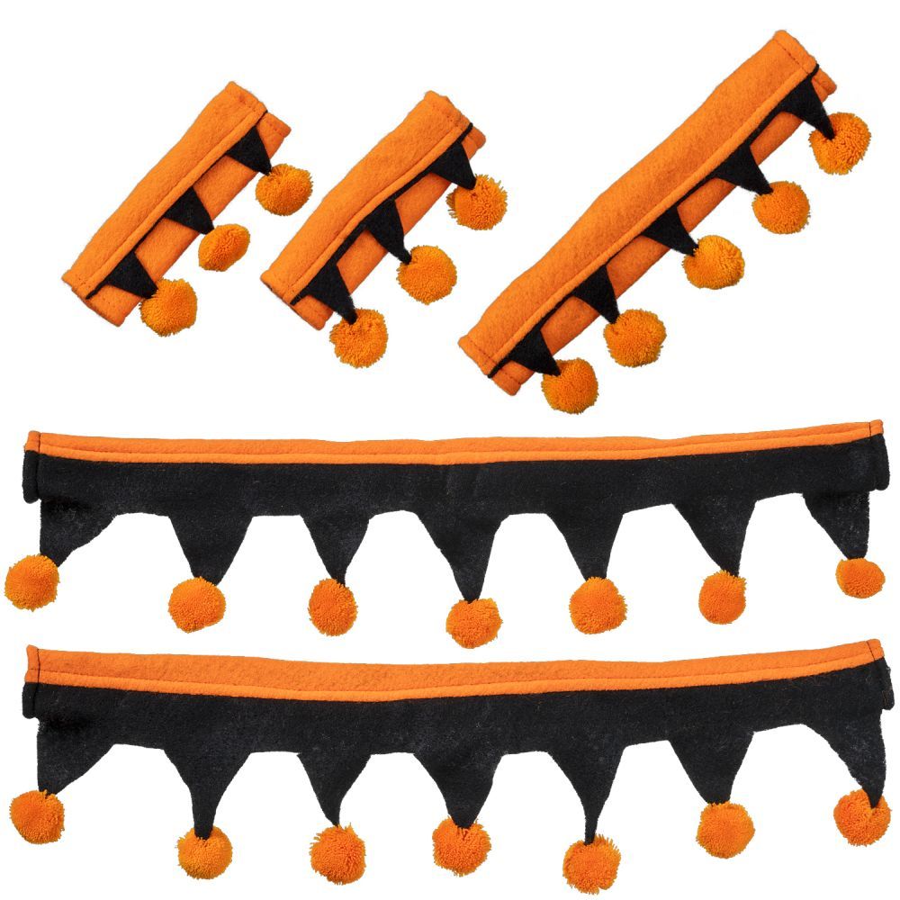 Orange and Black pieces that are part of a costume for a horse