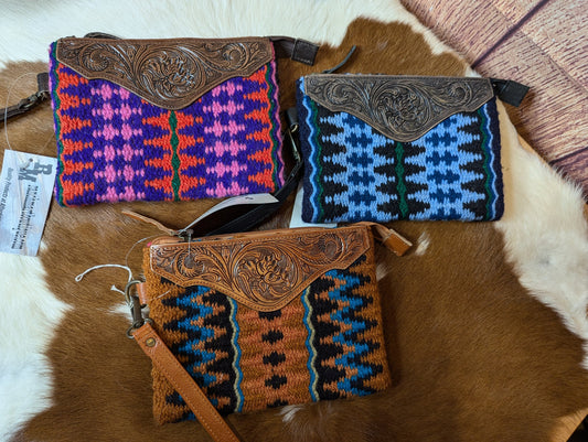 Hand Tooled Leather & Saddle Blanket Wristlet, Lined